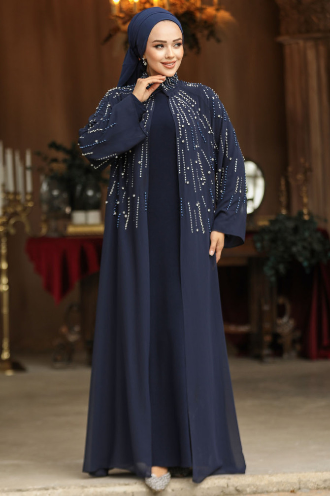 Boncuk İşlemeli Lacivert Tesettür Abaya Takım 25903L - 2