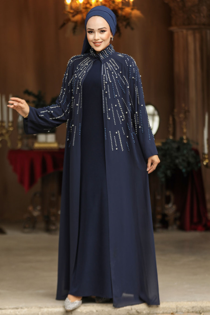 Boncuk İşlemeli Lacivert Tesettür Abaya Takım 25903L - 3