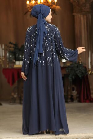 Boncuk İşlemeli Lacivert Tesettür Abaya Takım 25903L - 4