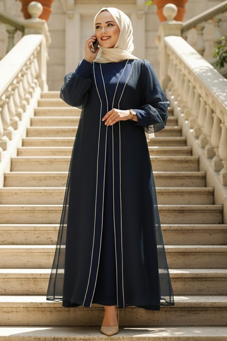 Boncuk İşlemeli Lacivert Tesettür Abaya Takım 4626L