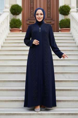Boncuk İşlemeli Lacivert Tesettür Ferace 29123L 