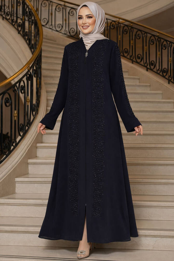 Boncuk İşlemeli Lacivert Tesettür Ferace 29127L - 1