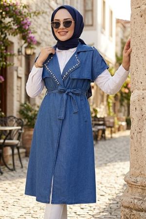 Boncuk İşlemeli Lacivert Tesettür Yelek 6572L - NEVA STYLE