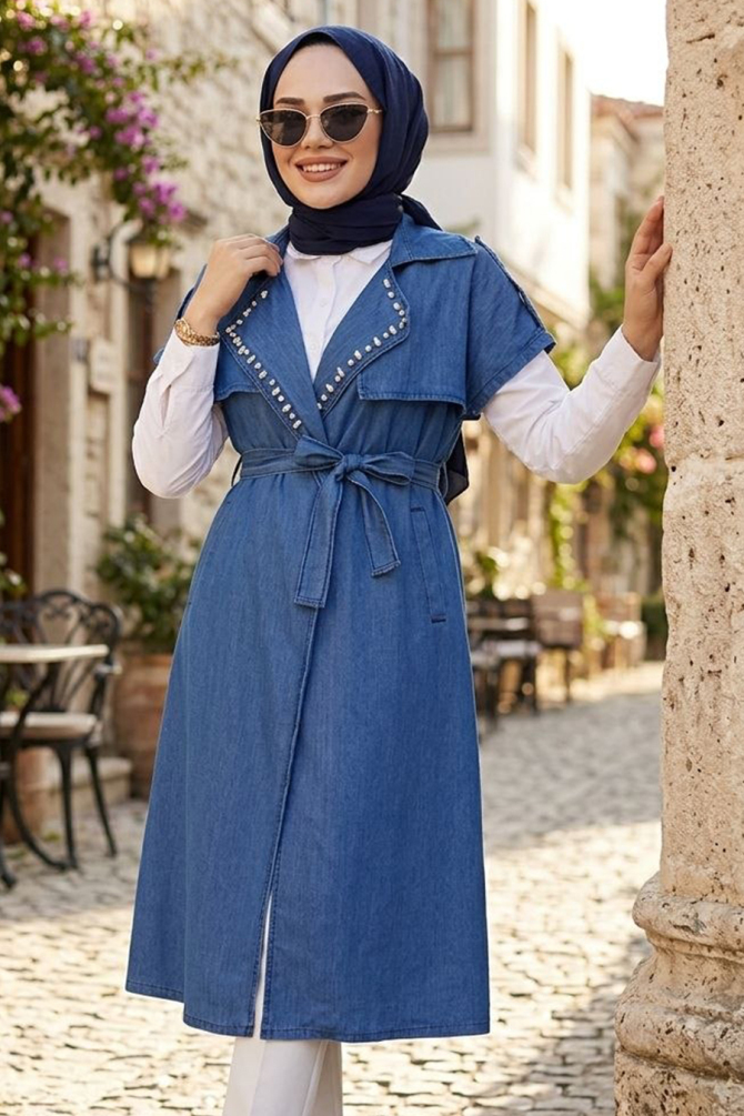 Boncuk İşlemeli Lacivert Tesettür Yelek 6572L - 1