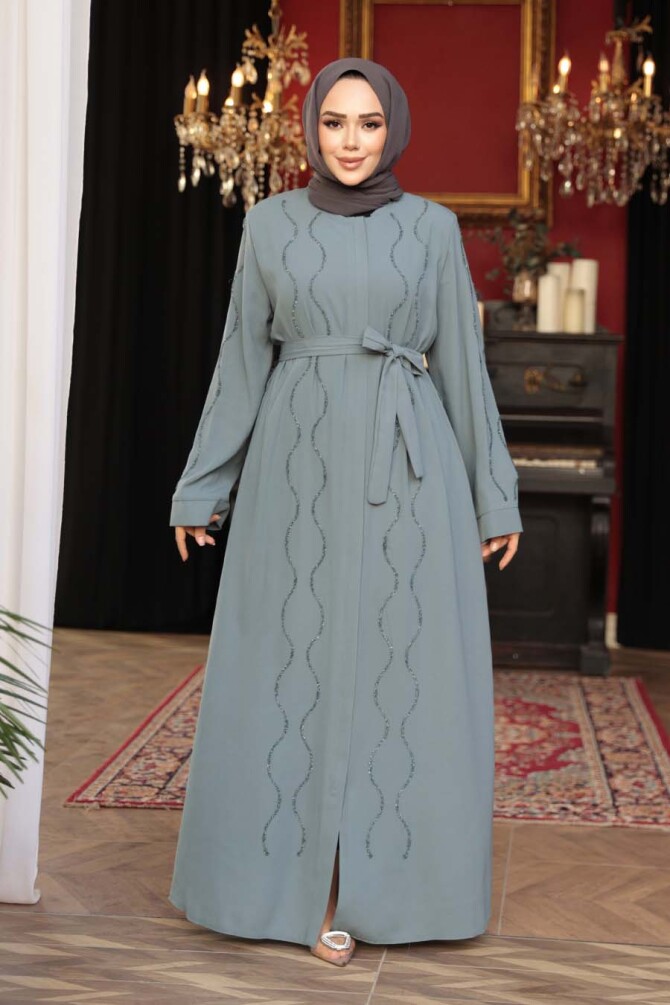 Boncuk İşlemeli Mint Tesettür Abaya 29117MINT - 1