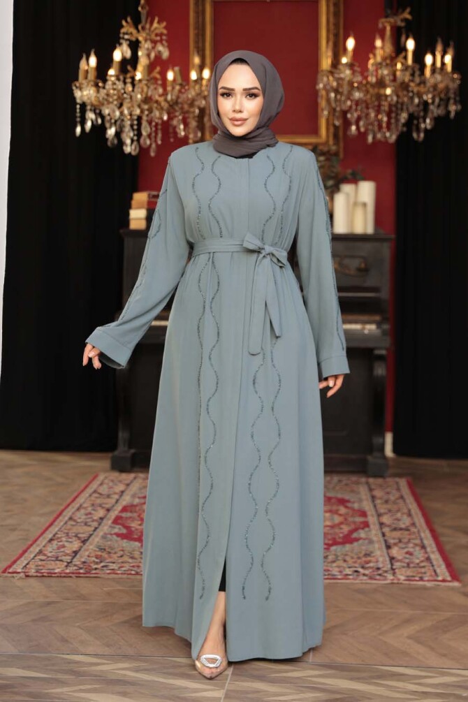 Boncuk İşlemeli Mint Tesettür Abaya 29117MINT - 2