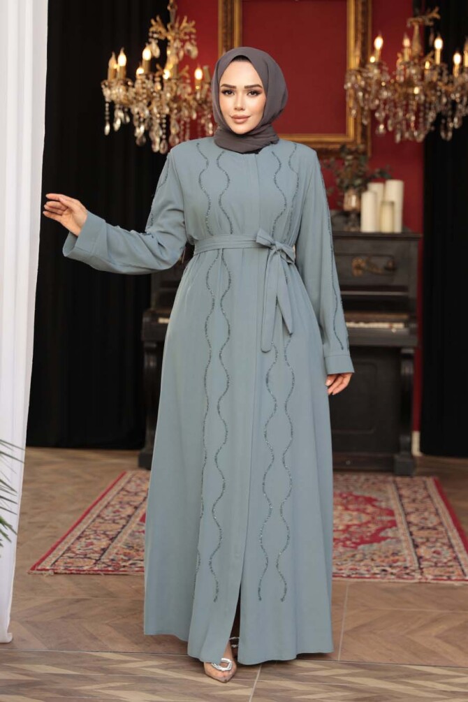 Boncuk İşlemeli Mint Tesettür Abaya 29117MINT - 3