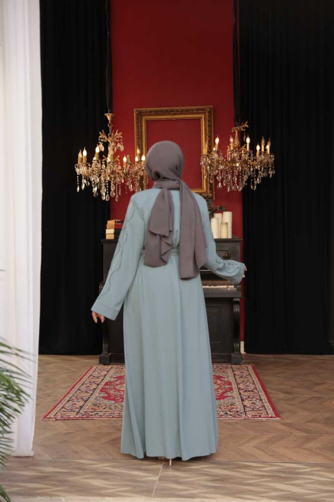 Boncuk İşlemeli Mint Tesettür Abaya 29117MINT - 4
