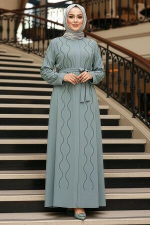 Boncuk İşlemeli Mint Tesettür Abaya 29117MINT 
