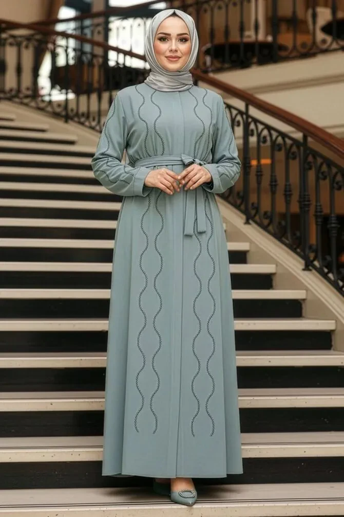 Boncuk İşlemeli Mint Tesettür Abaya 29117MINT - 1