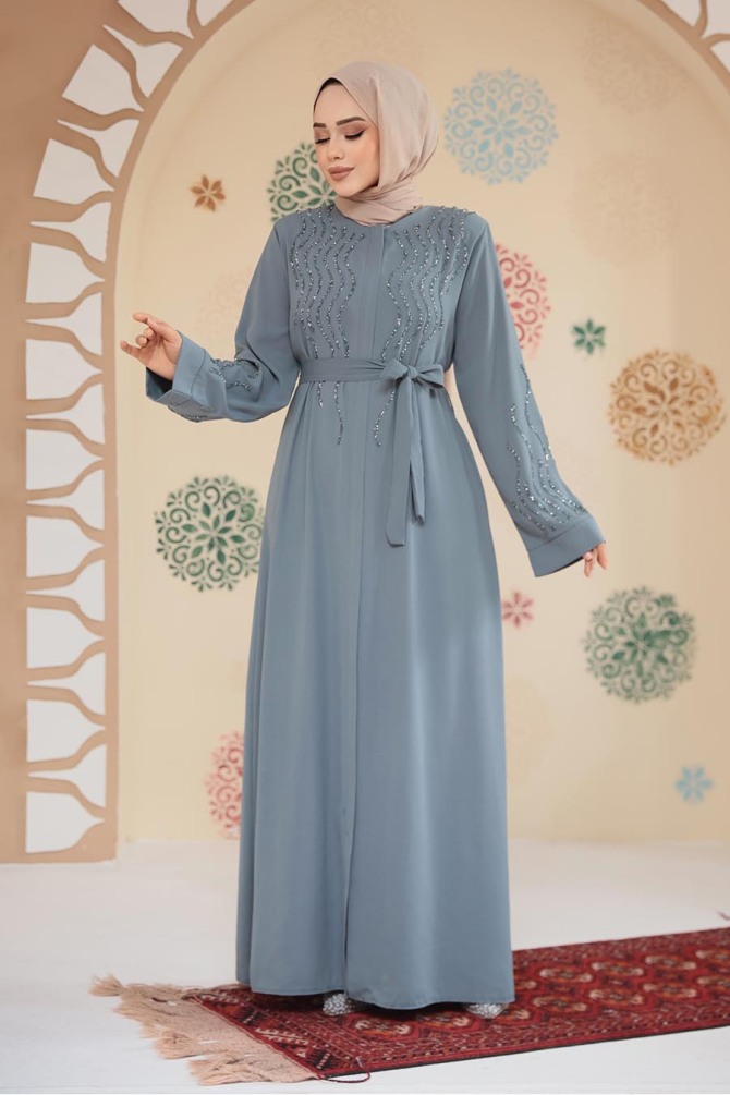 Boncuk İşlemeli Mint Tesettür Abaya 29130MINT - 2