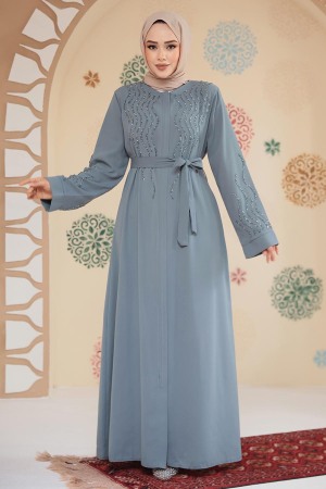 Boncuk İşlemeli Mint Tesettür Abaya 29130MINT - 1