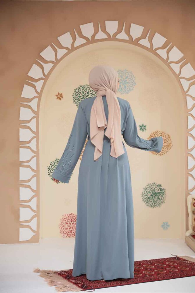 Boncuk İşlemeli Mint Tesettür Abaya 29130MINT - 3