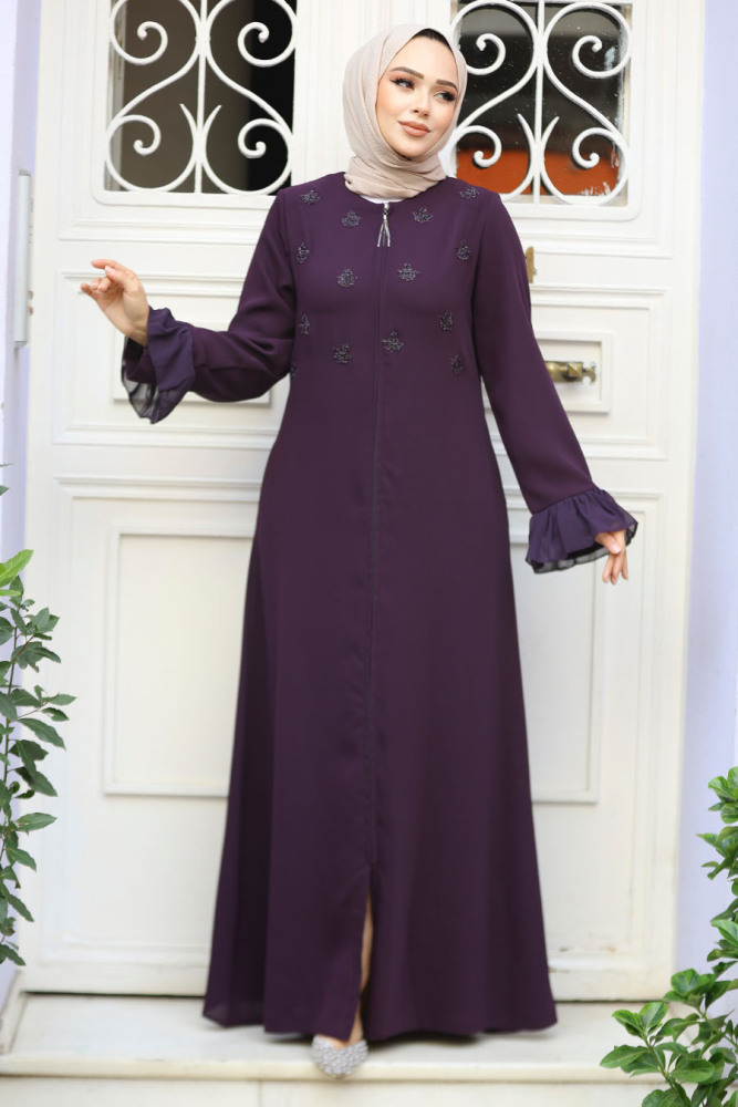 Boncuk İşlemeli Mürdüm Tesettür Abaya 520090MU - 1