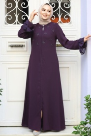 Boncuk İşlemeli Mürdüm Tesettür Abaya 520090MU - Thumbnail