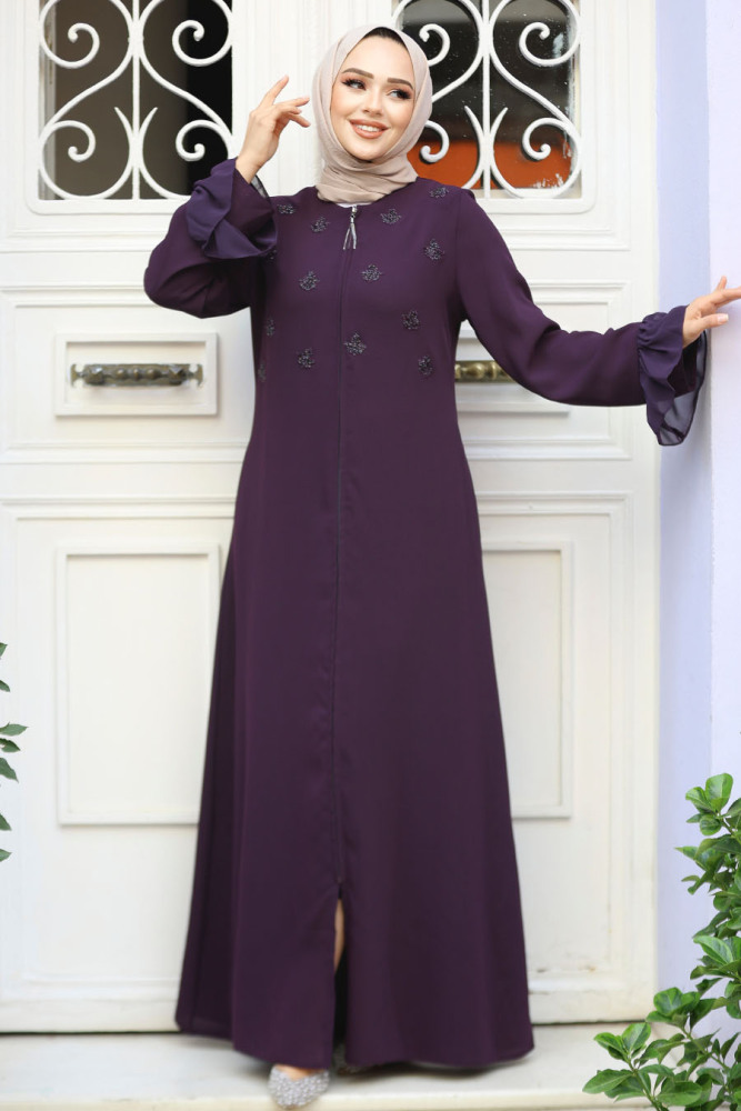 Boncuk İşlemeli Mürdüm Tesettür Abaya 520090MU - 2