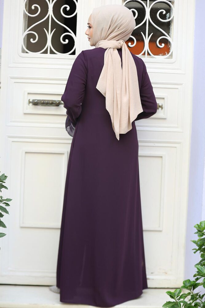 Boncuk İşlemeli Mürdüm Tesettür Abaya 520090MU - 3