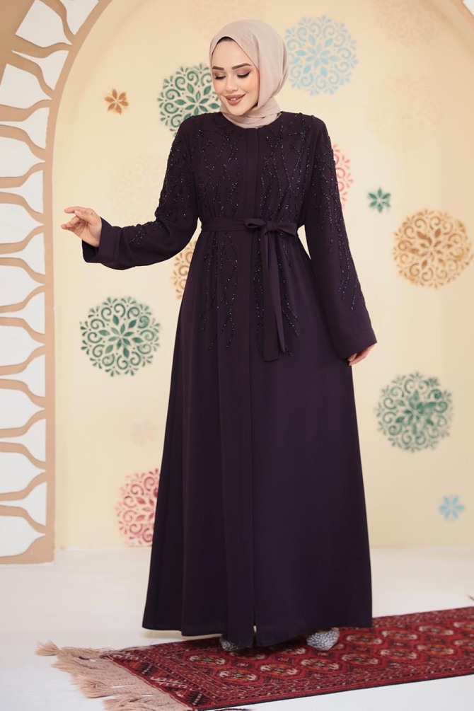 Boncuk İşlemeli Mürdüm Tesettür Ferace 29102MU - 1
