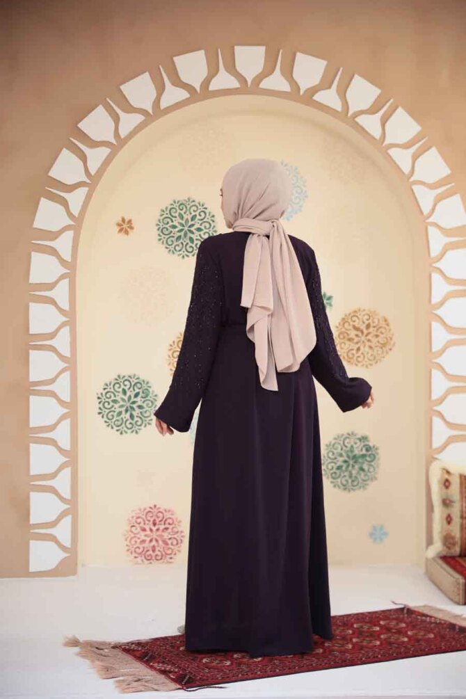 Boncuk İşlemeli Mürdüm Tesettür Ferace 29102MU - 3