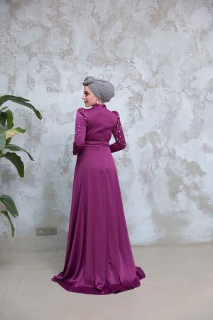 Boncuk İşlemeli Mürdüm Tesettür Saten Abiye Elbise 51312MU - 4