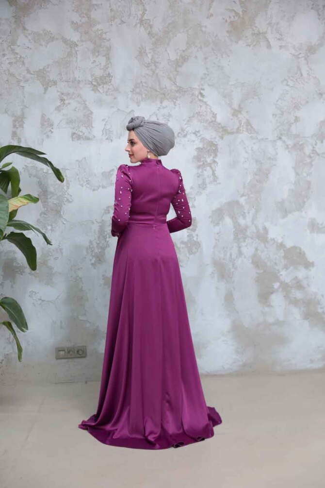 Boncuk İşlemeli Mürdüm Tesettür Saten Abiye Elbise 51312MU - 4