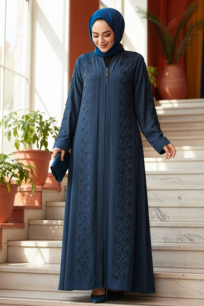 Boncuk İşlemeli Petrol Mavisi Tesettür Ferace 29123PM - N.S NEVA STYLE