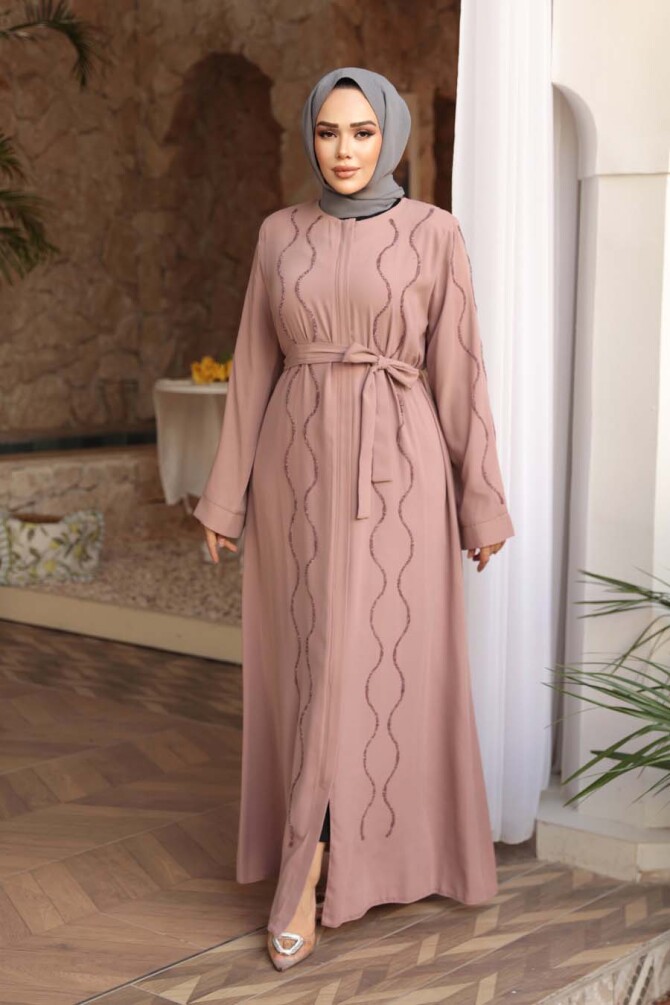 Boncuk İşlemeli Pudra Tesettür Abaya 29117PD - 2