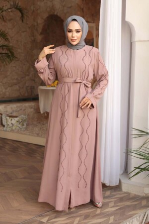 Boncuk İşlemeli Pudra Tesettür Abaya 29117PD - 3