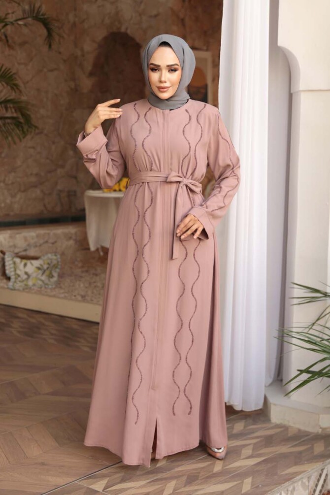 Boncuk İşlemeli Pudra Tesettür Abaya 29117PD - 3