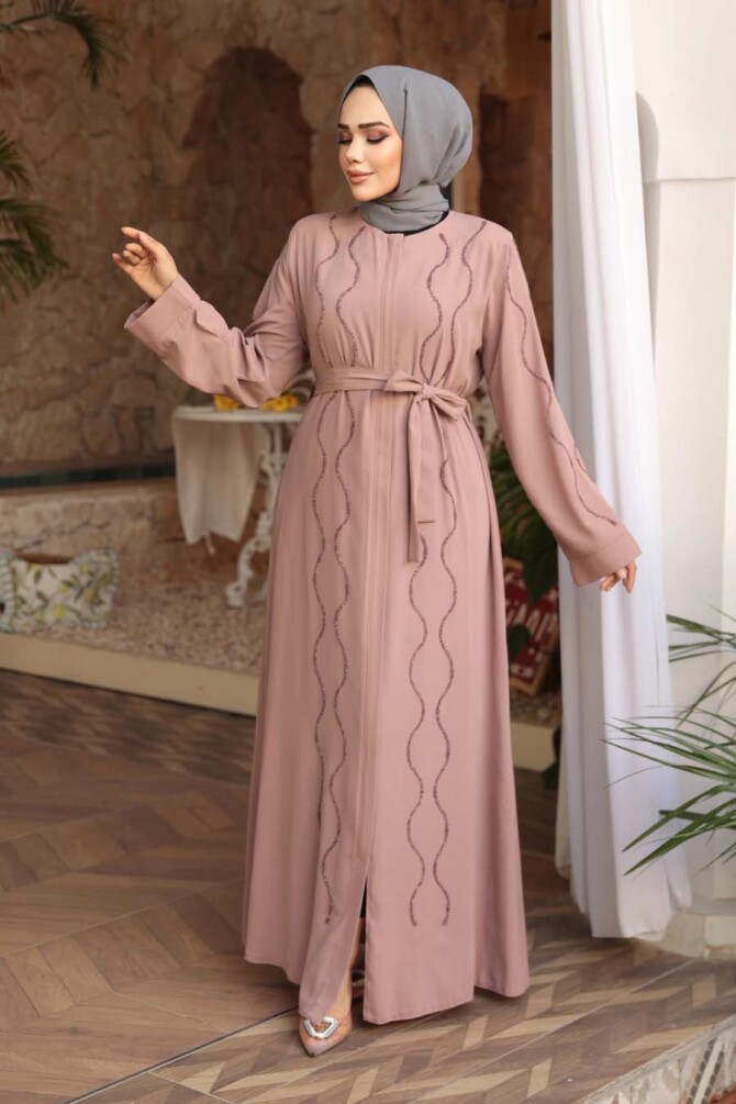 Boncuk İşlemeli Pudra Tesettür Abaya 29117PD - 1