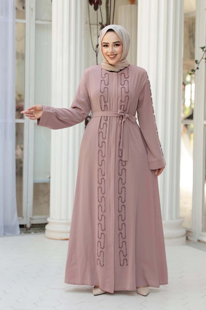 Boncuk İşlemeli Pudra Tesettür Abaya 29118PD - 1