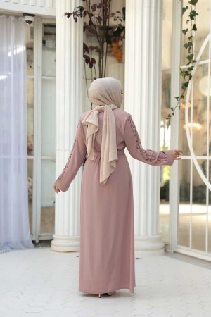 Boncuk İşlemeli Pudra Tesettür Abaya 29118PD - 3