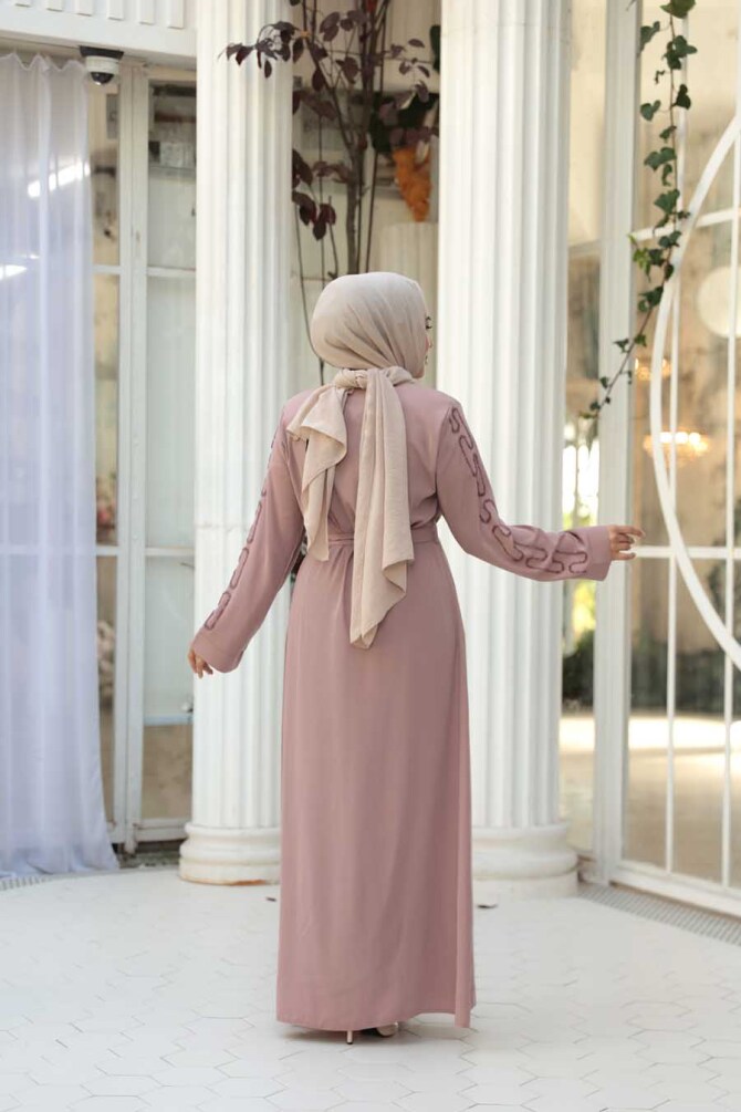 Boncuk İşlemeli Pudra Tesettür Abaya 29118PD - 3
