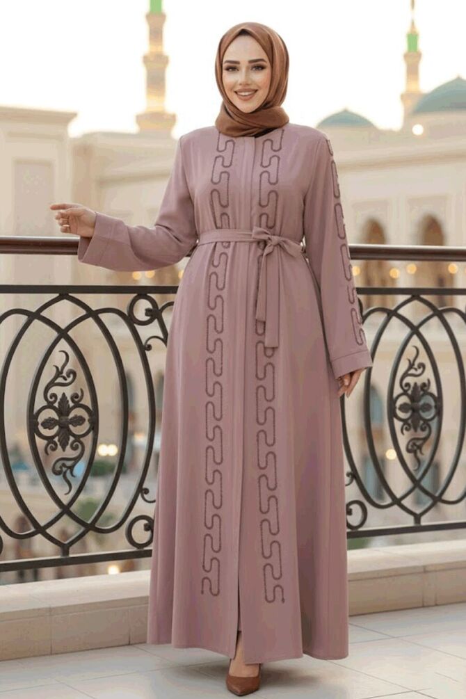 Boncuk İşlemeli Pudra Tesettür Abaya 29118PD - 1