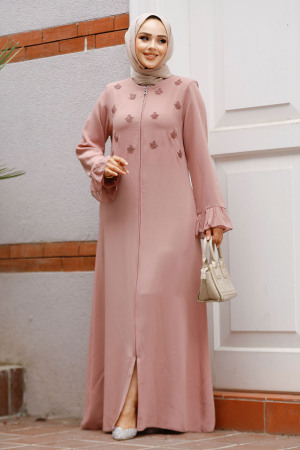 Boncuk İşlemeli Pudra Tesettür Abaya 520090PD - 1