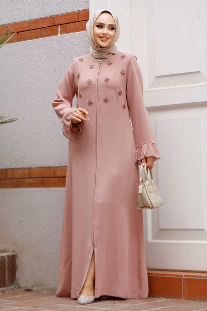Boncuk İşlemeli Pudra Tesettür Abaya 520090PD - 1