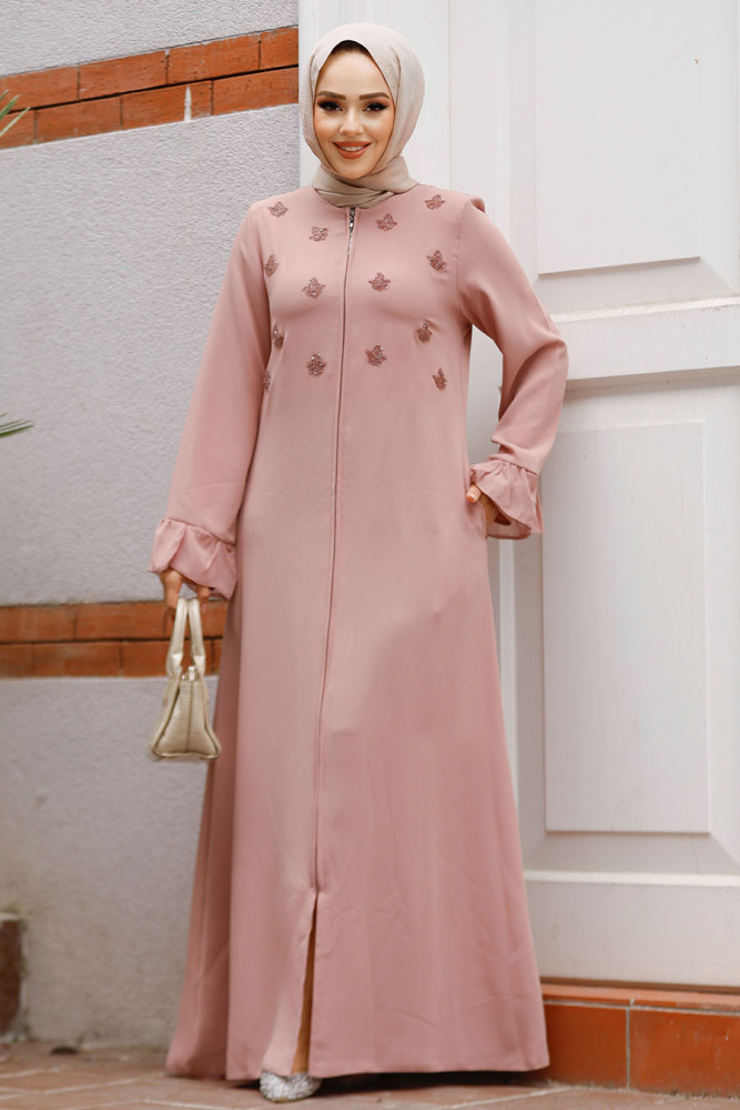 Boncuk İşlemeli Pudra Tesettür Abaya 520090PD - 2