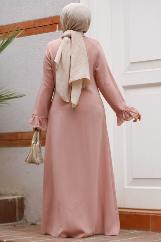 Boncuk İşlemeli Pudra Tesettür Abaya 520090PD - 3