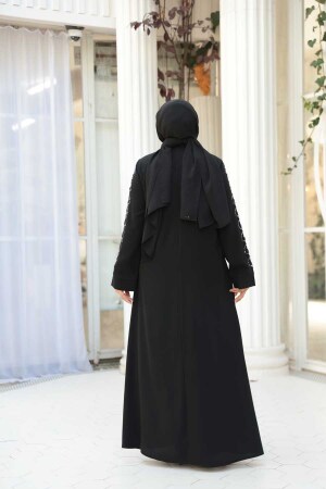 Boncuk İşlemeli Siyah Gümüş Tesettür Ferace 29123SGMS - 3
