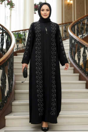 Boncuk İşlemeli Siyah Gümüş Tesettür Ferace 29123SGMS - N.S NEVA STYLE