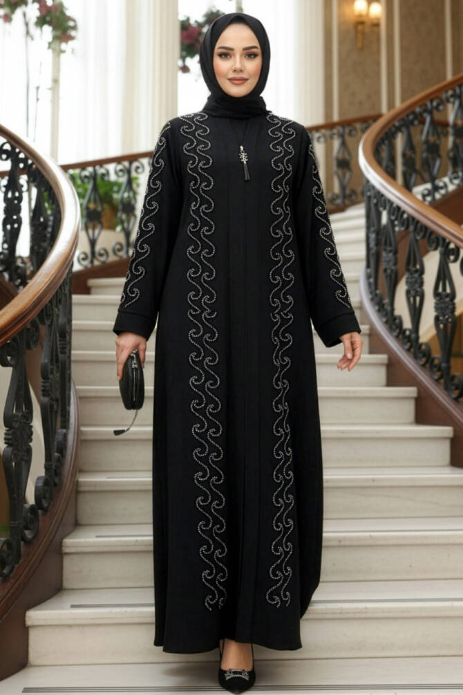 Boncuk İşlemeli Siyah Gümüş Tesettür Ferace 29123SGMS - N.S NEVA STYLE