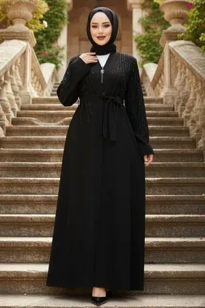 Boncuk İşlemeli Siyah Siyah Tesettür Abaya 29111SS 