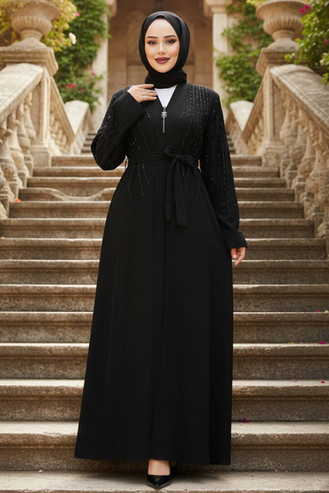 Boncuk İşlemeli Siyah Siyah Tesettür Abaya 29111SS - 1