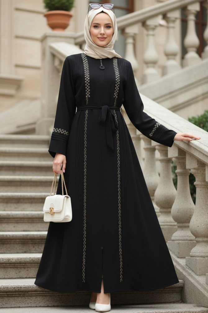 Boncuk İşlemeli Siyah Tesettür Abaya 26101S - 1