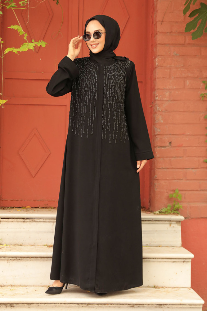 Boncuk İşlemeli Siyah Tesettür Abaya 29106S - 2
