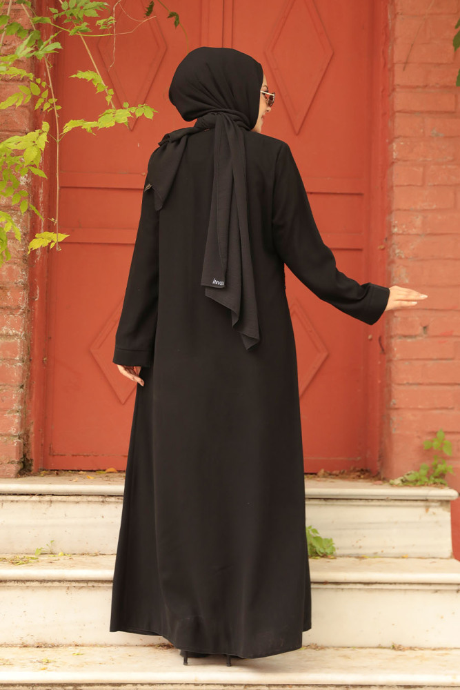 Boncuk İşlemeli Siyah Tesettür Abaya 29106S - 3