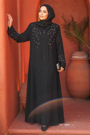 Boncuk İşlemeli Siyah Tesettür Abaya 29107S - 2