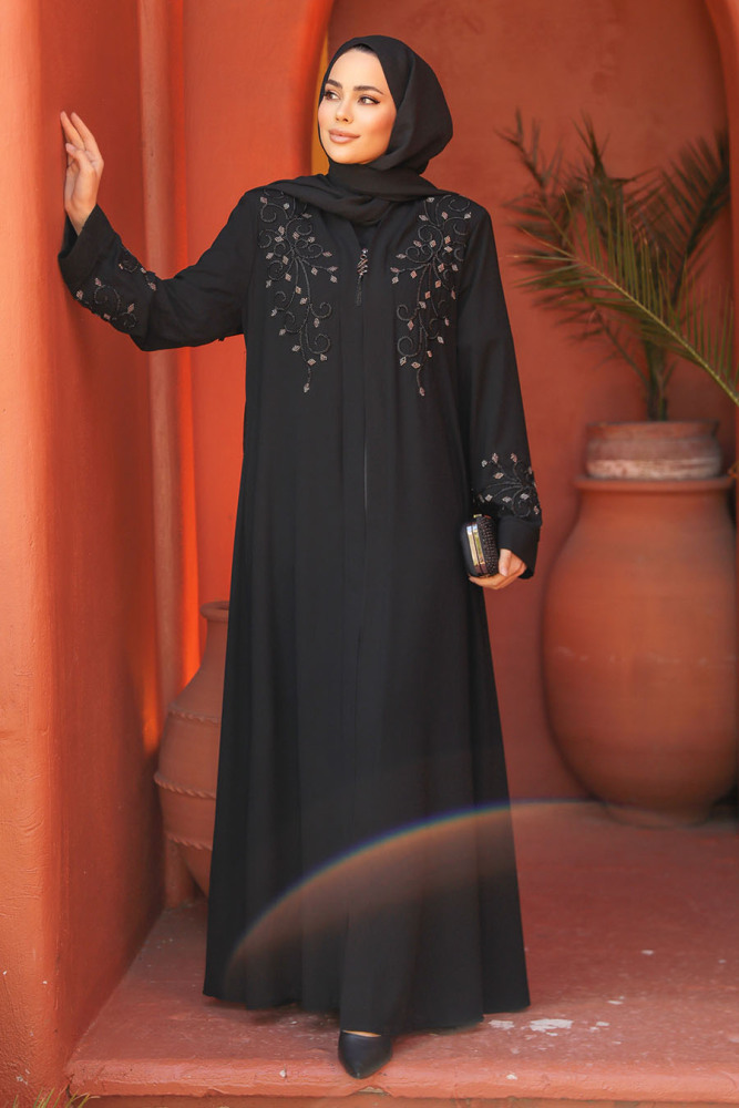 Boncuk İşlemeli Siyah Tesettür Abaya 29107S - 2
