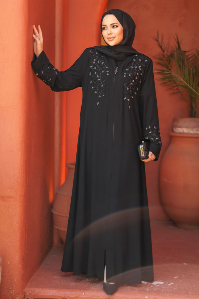 Boncuk İşlemeli Siyah Tesettür Abaya 29107S - 1