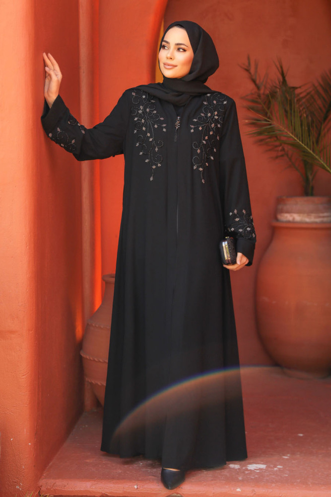 Boncuk İşlemeli Siyah Tesettür Abaya 29107S - 3